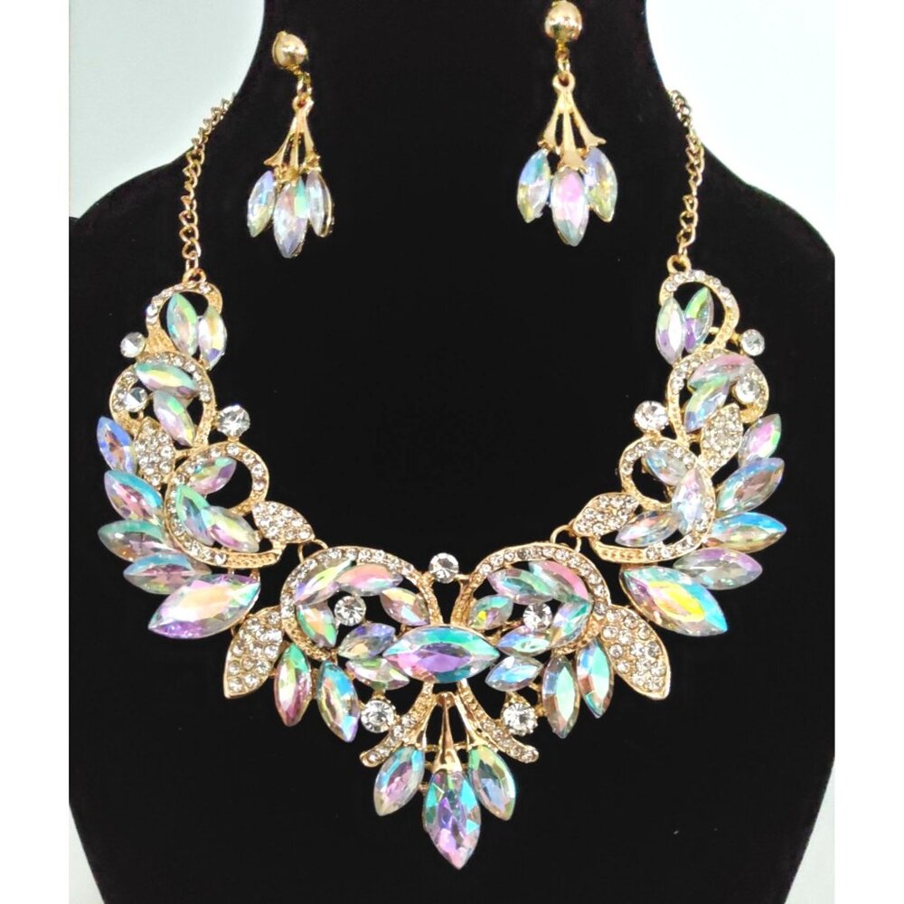 Crystal Leaf Statement Necklace & Earrings Set Rose Gold Finish Rhinestones